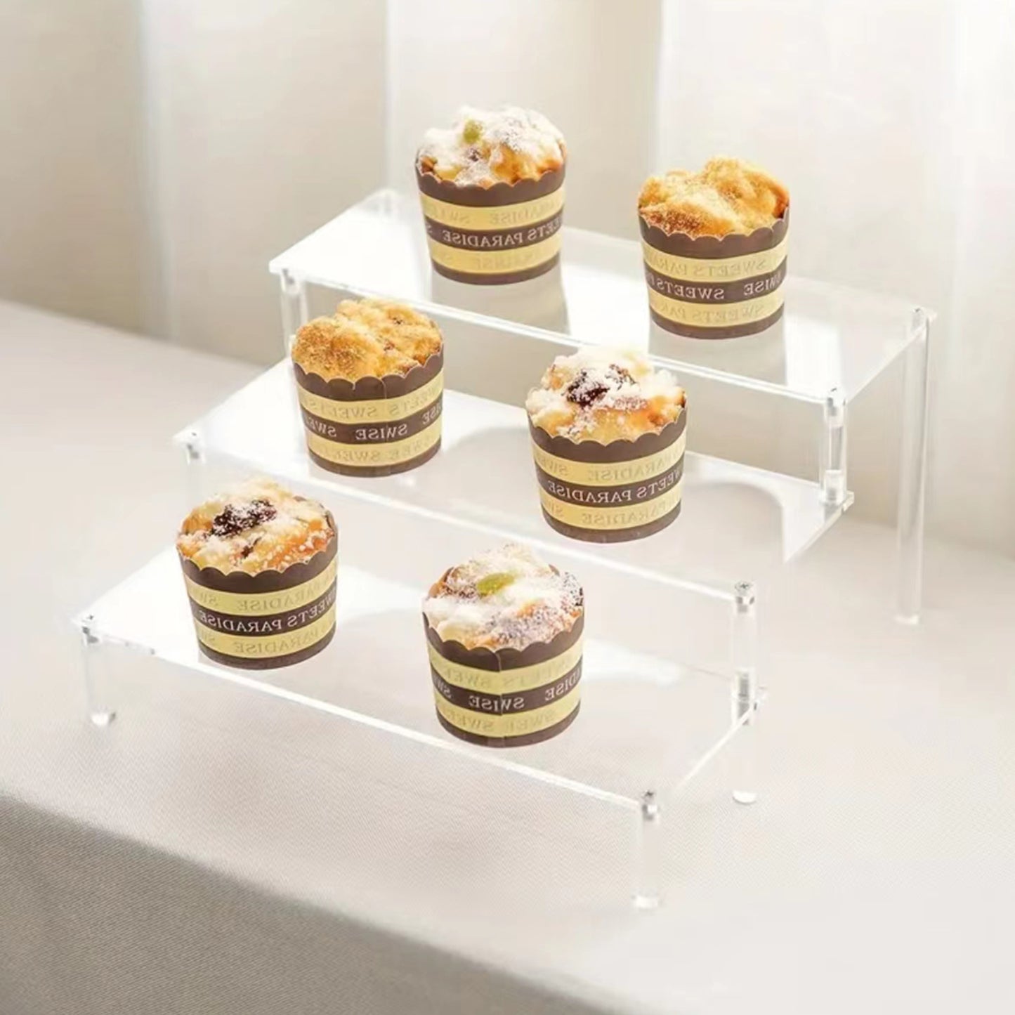 Clear Acrylic Display Stand: Cupcake, Perfume, and Cosmetics Organizer with Shelf Risers for Food, Tabletop, and Decor